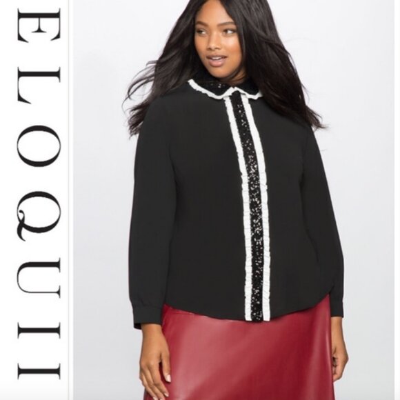 ELOQUII Studio Black and White Ruffle Sequin Tuxedo Button-Down TOP SZ. 16 - Picture 3 of 11